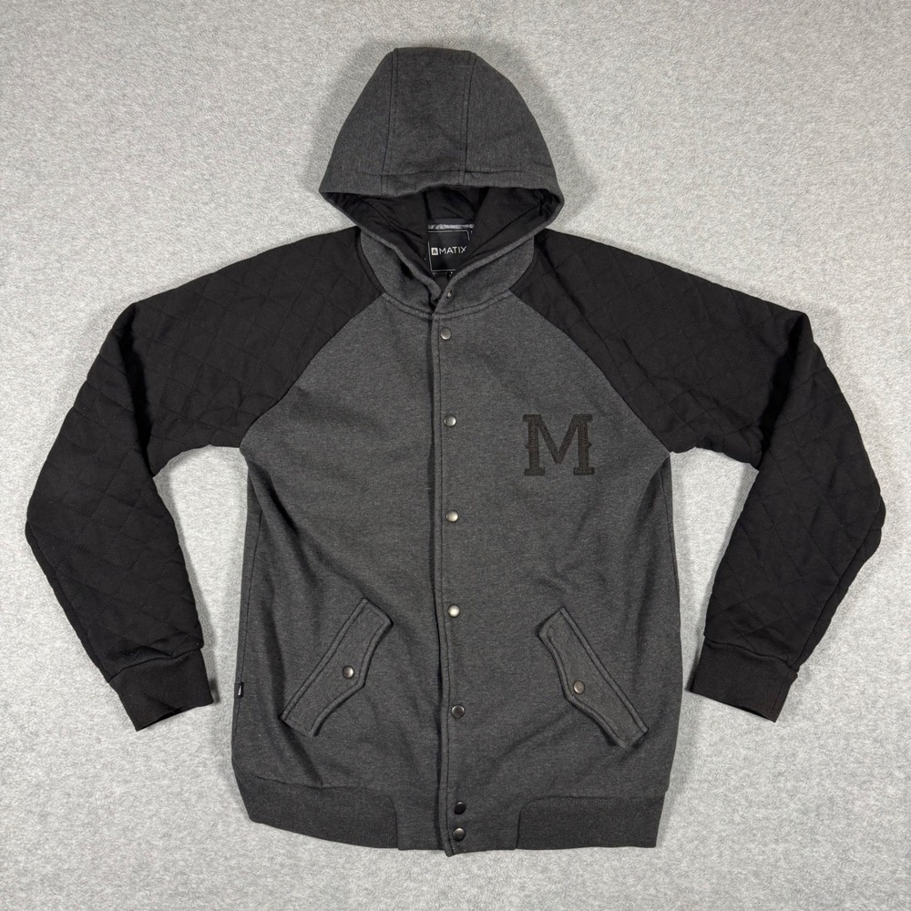 Matix Globetrotter Varsity Jacket Mens Medium Gray Black Quilted Hooded Snap